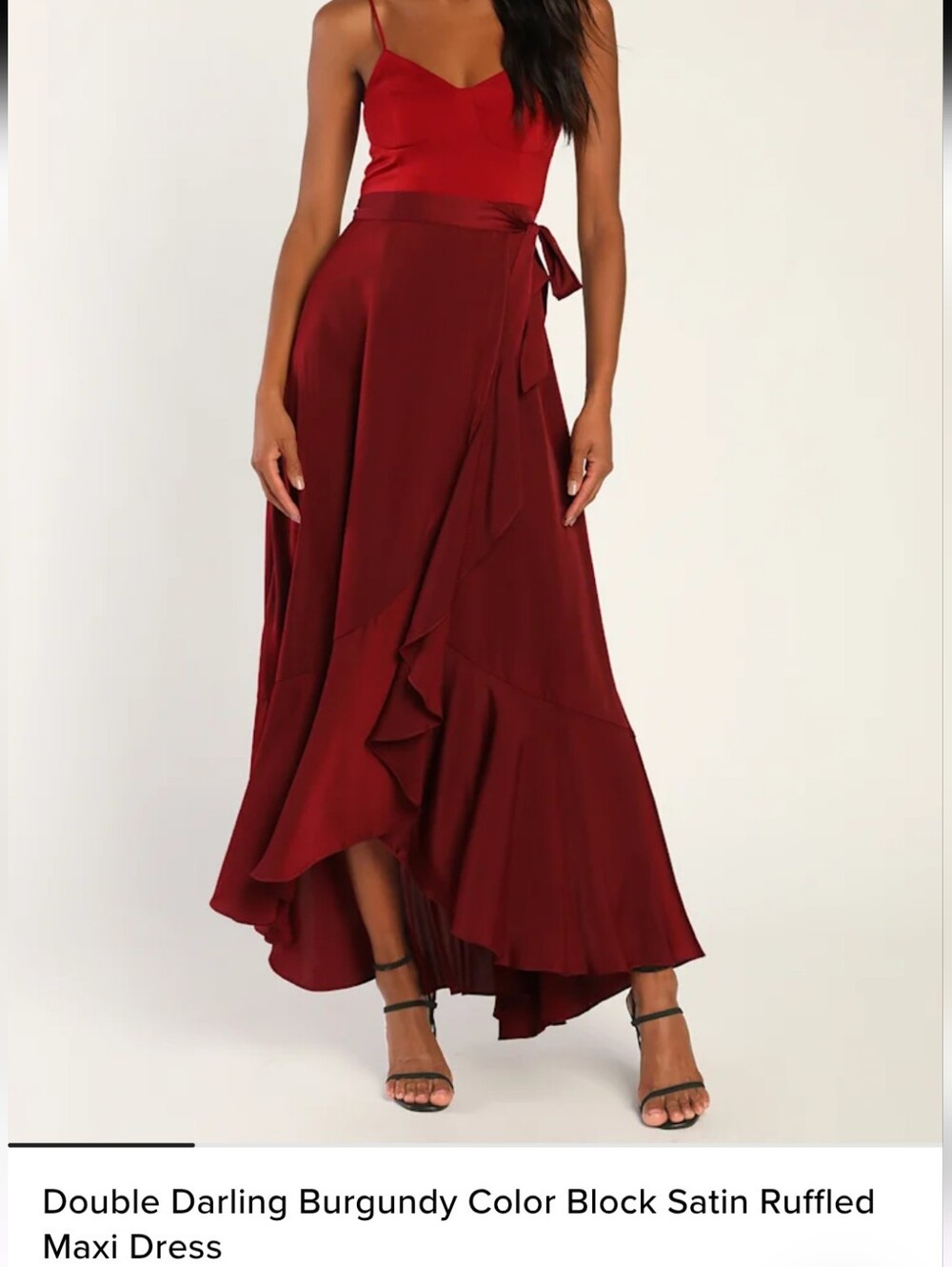 Lulus Double Darling Burgundy Color Block Satin Ruffled Maxi Dress, Large